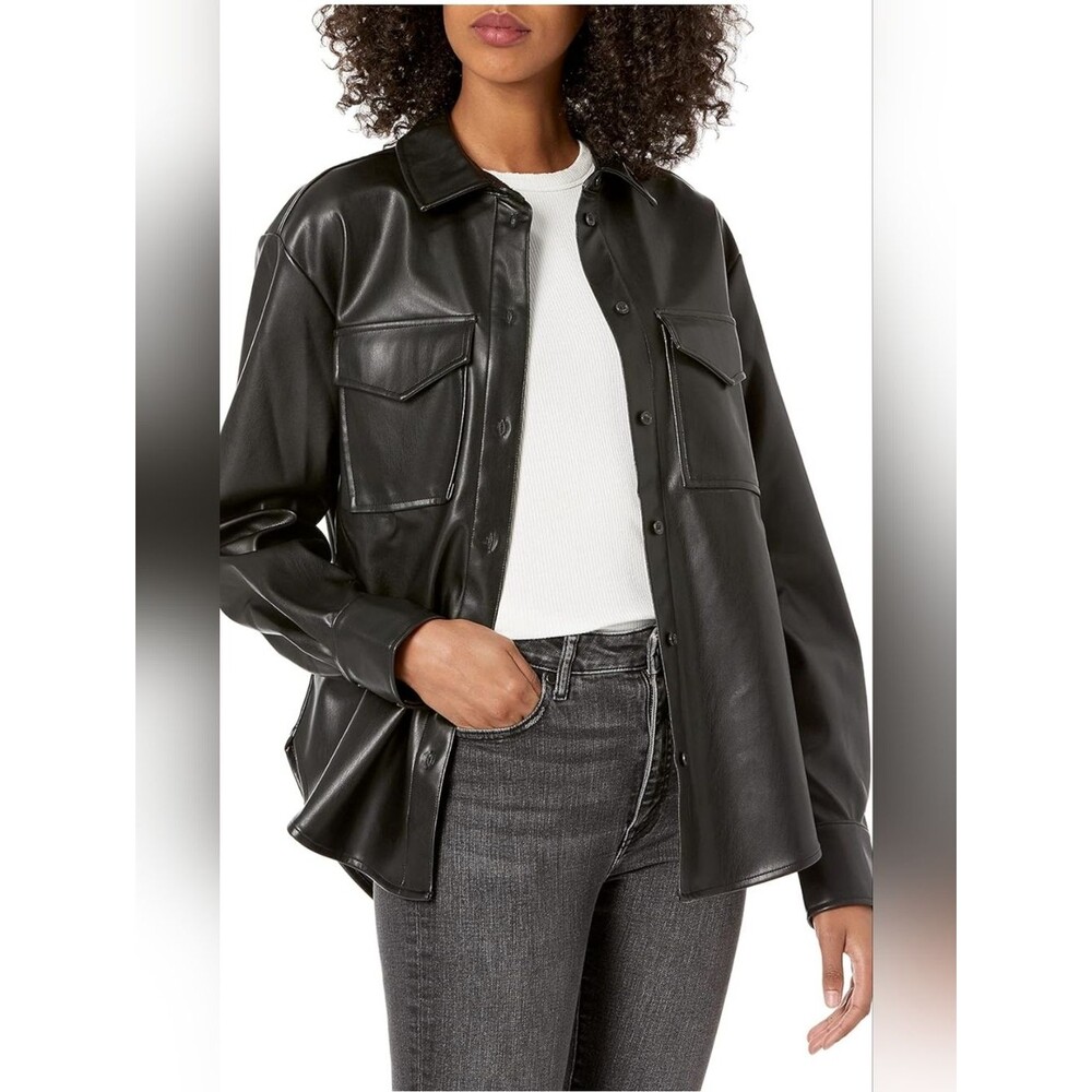@Lisadnyc Faux Leather Long Shirt Jacket Button Front Utility Shacket Sz M Moto